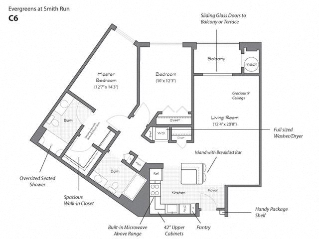 Floor plan for 2 beds, 2 baths, 1071 sqft