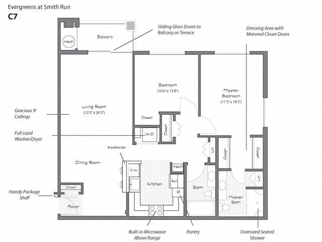 Floor plan for 2 beds, 2 baths, 1174 sqft