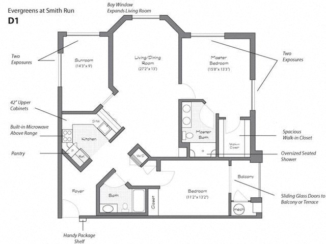 Floor plan for 2 beds, 2 baths, 1327 sqft