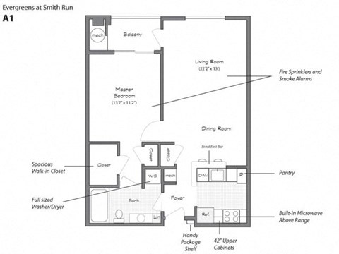 Floor plan for 1 bed, 1 bath, 758 sqft