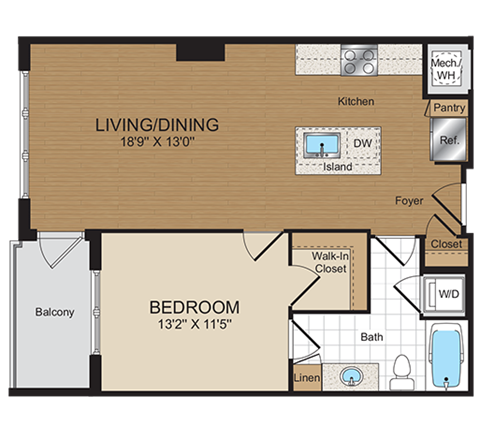 Floor plan for 1 bed, 1 bath, 674 sqft
