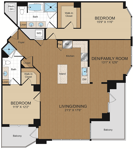 Floor plan for 2 beds, 2 baths, 1388 sqft