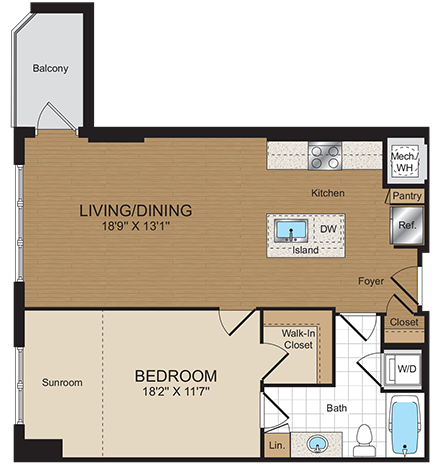 Floor plan for 1 bed, 1 bath, 760 sqft
