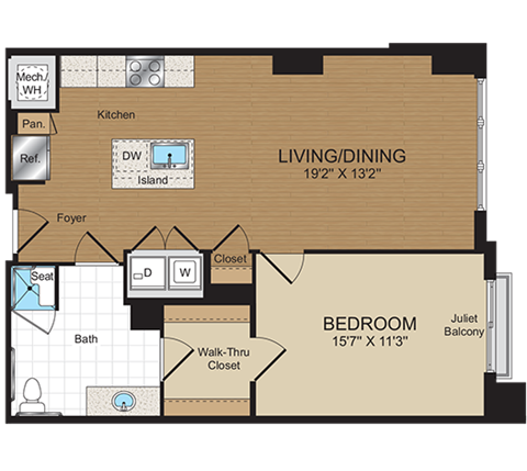 Floor plan for 1 bed, 1 bath, 760 sqft