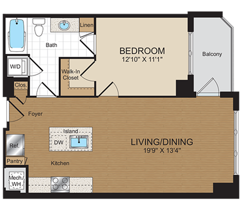 Floor plan for 1 bed, 1 bath, 678 sqft