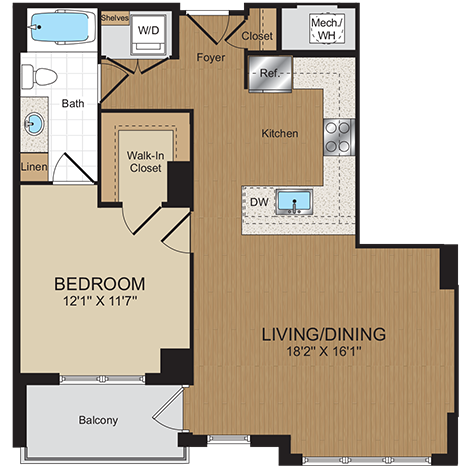 Floor plan for 1 bed, 1 bath, 739 sqft