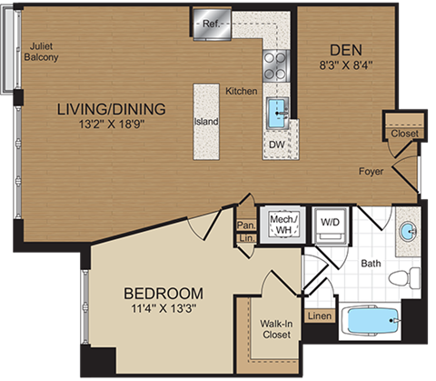 Floor plan for 1 bed, 1 bath, 806 sqft