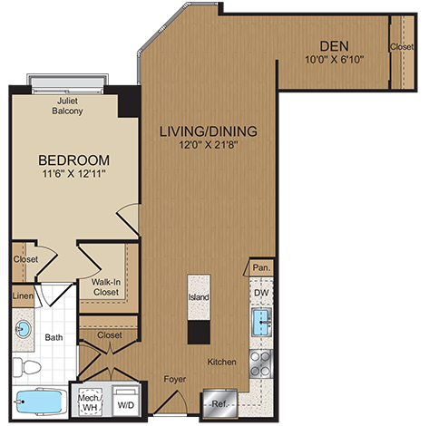 Floor plan for 1 bed, 1 bath, 790 sqft