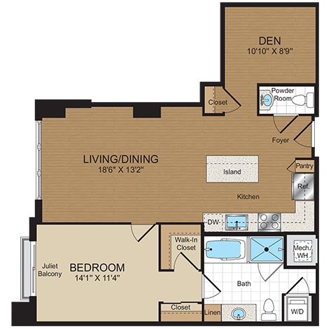 Floor plan for 1 bed, 1 bath, 881 sqft