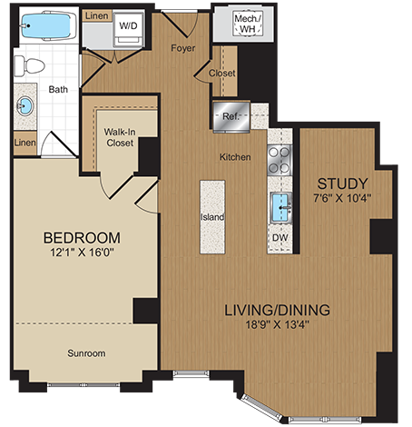 Floor plan for 1 bed, 1 bath, 865 sqft