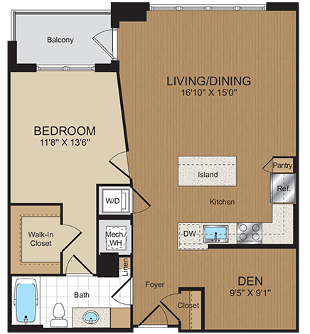Floor plan for 1 bed, 1 bath, 867 sqft