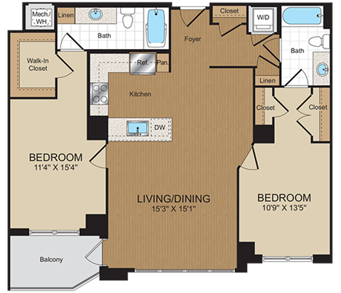 Floor plan for 2 beds, 2 baths, 1083 sqft