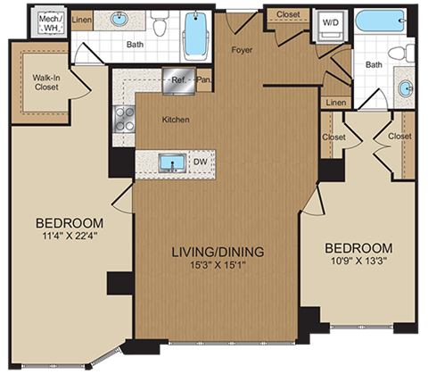 Floor plan for 2 beds, 2 baths, 1169 sqft
