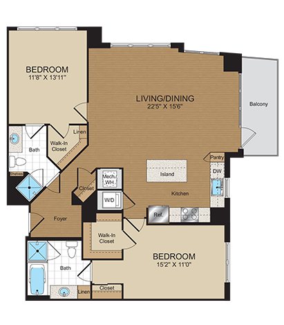 Floor plan for 2 beds, 2 baths, 1174 sqft