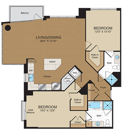 Floor plan for 2 beds, 2 baths, 1255 sqft