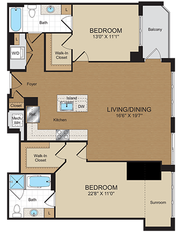 Floor plan for 2 beds, 2 baths, 1205 sqft