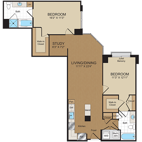 Floor plan for 2 beds, 2 baths, 1066 sqft