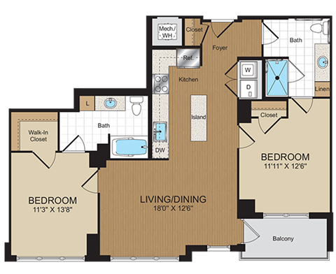 Floor plan for 2 beds, 2 baths, 1022 sqft