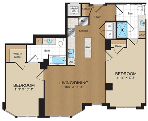 Floor plan for 2 beds, 2 baths, 1022 sqft