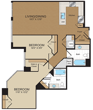 Floor plan for 2 beds, 2 baths, 1036 sqft