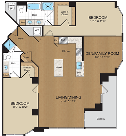 Floor plan for 2 beds, 2 baths, 1516 sqft