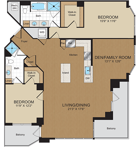 Floor plan for 2 beds, 2 baths, 1432 sqft