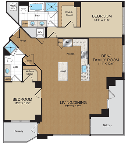 Floor plan for 2 beds, 2 baths, 1388 sqft