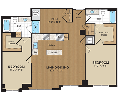 Floor plan for 2 beds, 2 baths, 1328 sqft