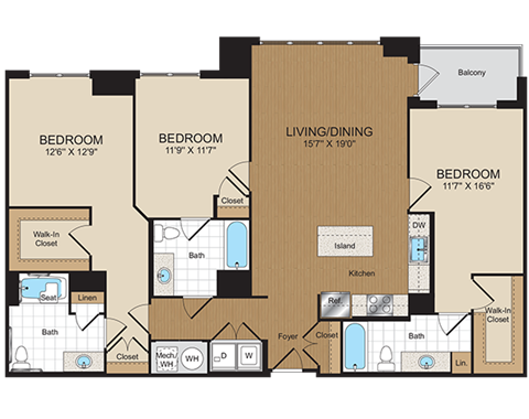 Floor plan for 3 beds, 3 baths, 1478 sqft
