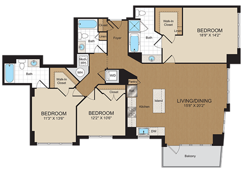 Floor plan for 3 beds, 3 baths, 1419 sqft