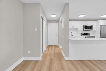 Waterloo apartment for rent - A kitchen with white cabinets and a wooden floor.