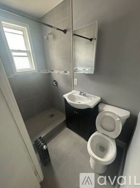 Hillside apartment for rent - A bathroom with a toilet, sink, and shower.