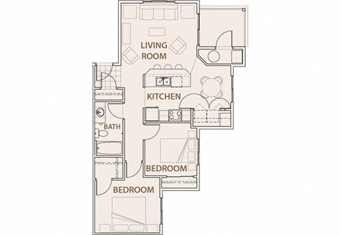 Floor plan for 2 beds, 1 bath, 925 sqft