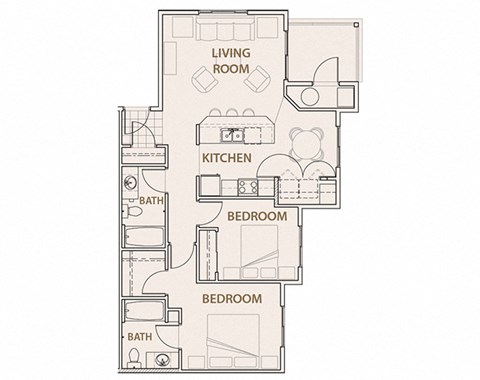 Floor plan for 2 beds, 2 baths, 1025 sqft