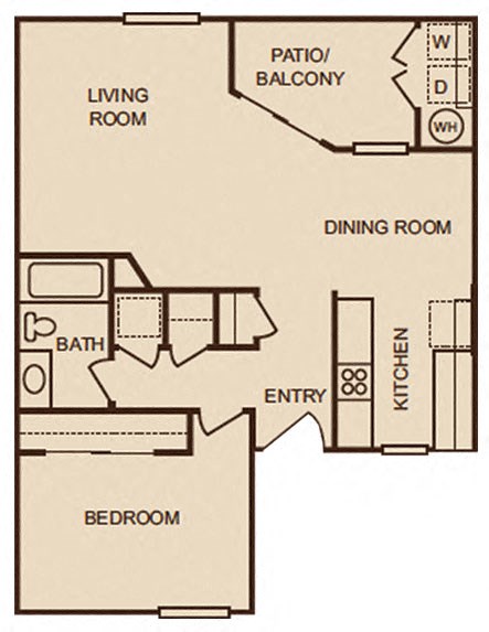 Floor plan for 1 bed, 1 bath, 755 sqft