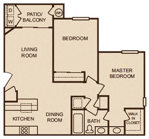 Floor plan for 2 beds, 1 bath, 840 sqft