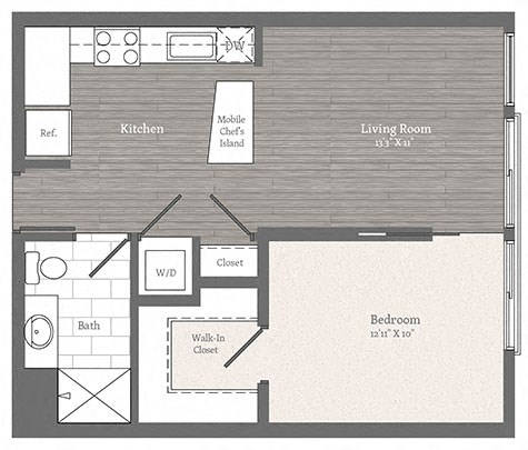 Floor plan for 1 bed, 1 bath, 619 sqft