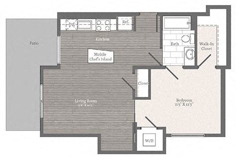 Floor plan for 1 bed, 1 bath, 719 sqft