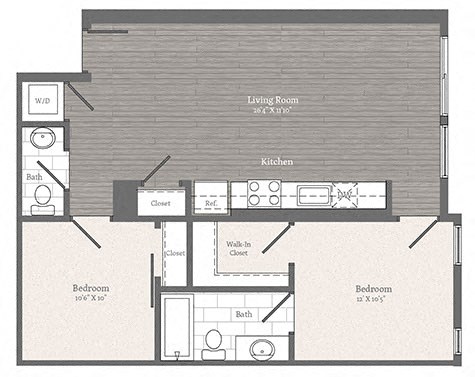 Floor plan for 1 bed, 1.5 baths, 837 sqft