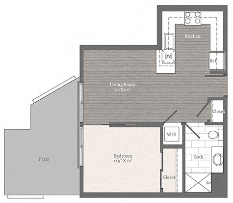 Floor plan for 1 bed, 1 bath, 568 sqft