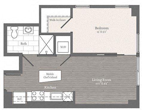Floor plan for 1 bed, 1 bath, 543 sqft