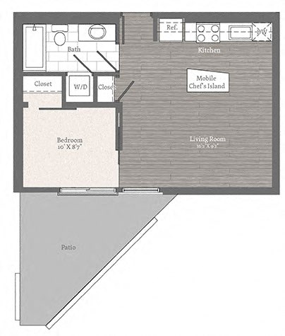 Floor plan for 1 bed, 1 bath, 534 sqft