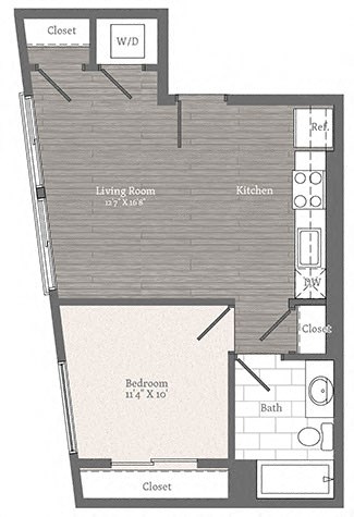 Floor plan for 1 bed, 1 bath, 552 sqft