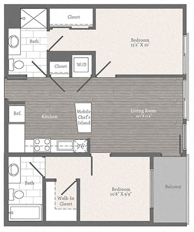 Floor plan for 2 beds, 2 baths, 852 sqft