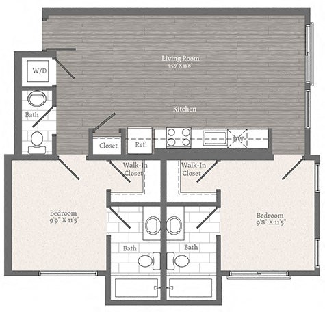 Floor plan for 2 beds, 2.5 baths, 864 sqft