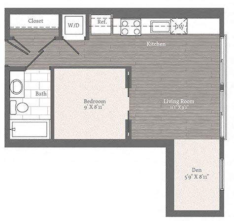 Floor plan for studio, 1 bath, 521 sqft