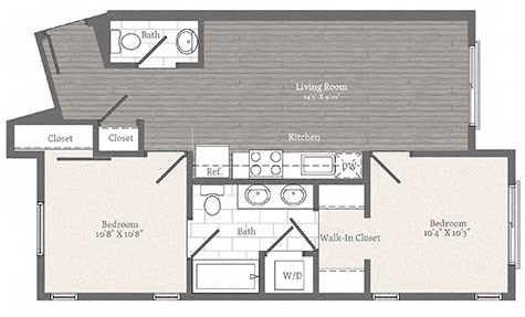 Floor plan for 2 beds, 1.5 baths, 737 sqft