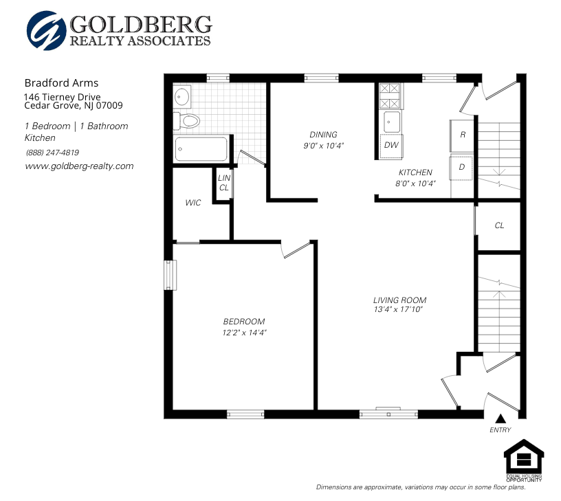 Floor plan for 1 bed, 1 bath, 750 sqft