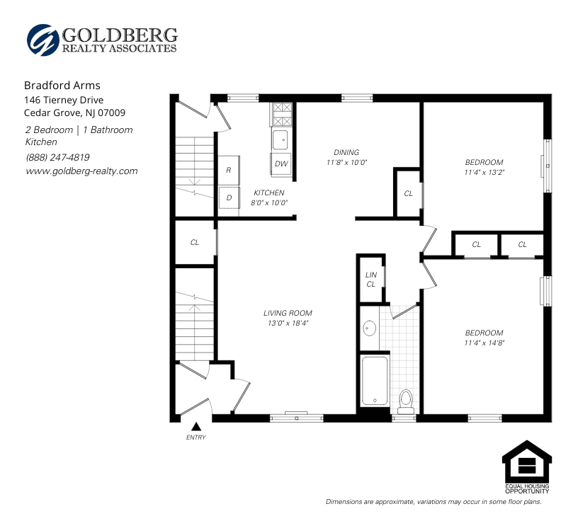 Floor plan for 2 beds, 1 bath, 840 sqft