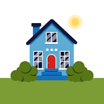 Choctaw house for rent - A blue house with a red door and windows surrounded by green bushes.